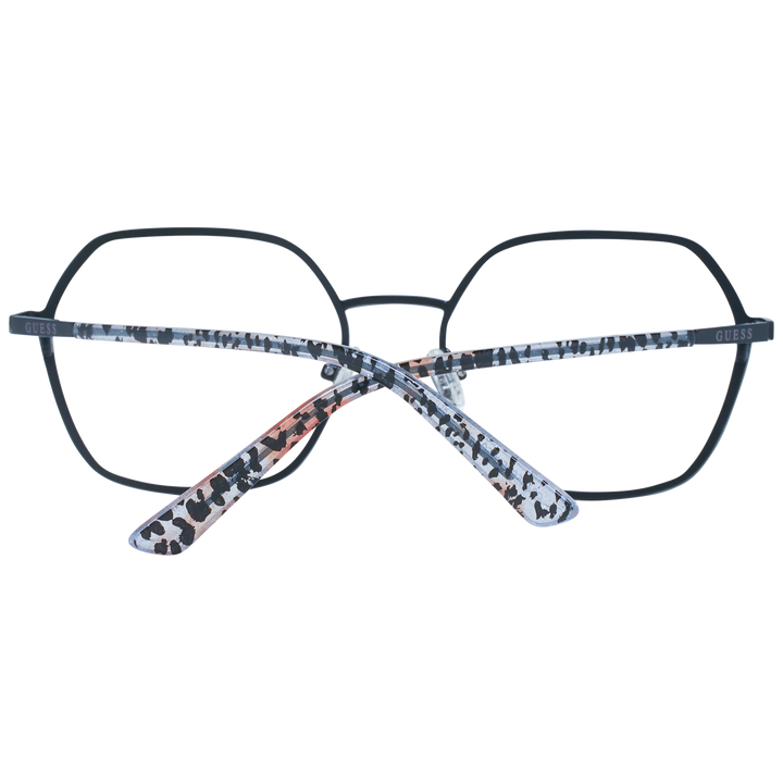 Unisex hexagonal black metal eyeglasses with patterned temple tips and adjustable nose pads, modern geometric silhouette