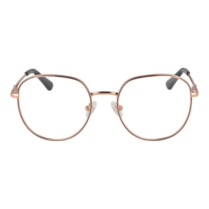 Unisex rose gold round metal eyeglasses with black temple tips and clear lenses, thin frame, adjustable nose pads.