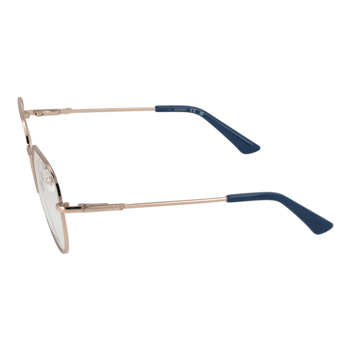 Rose gold metal eyeglasses with rounded square lenses and navy accents on thin temples, Unisex frame