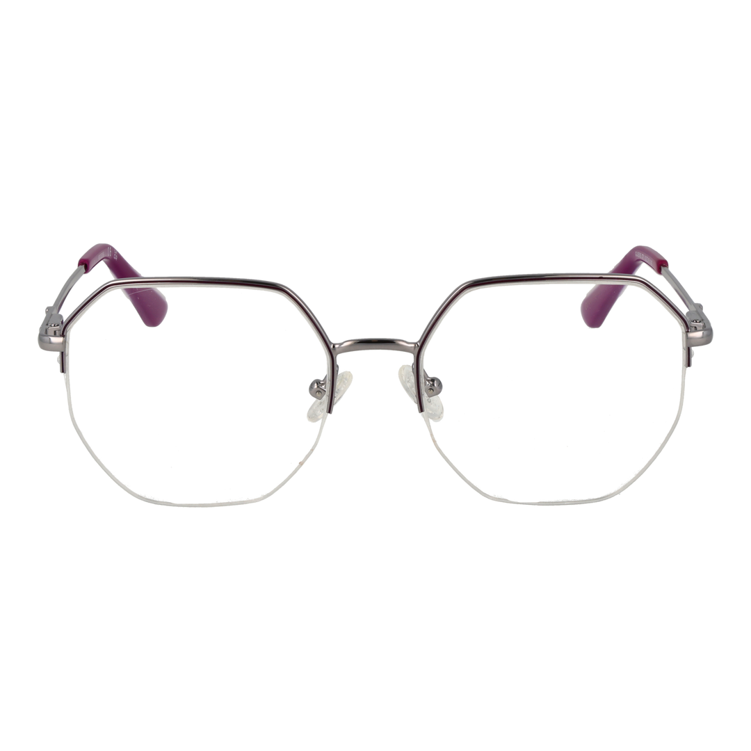 Unisex silver octagonal eyeglasses with purple accents, thin metal temples and plastic temple tips, front three-quarter view