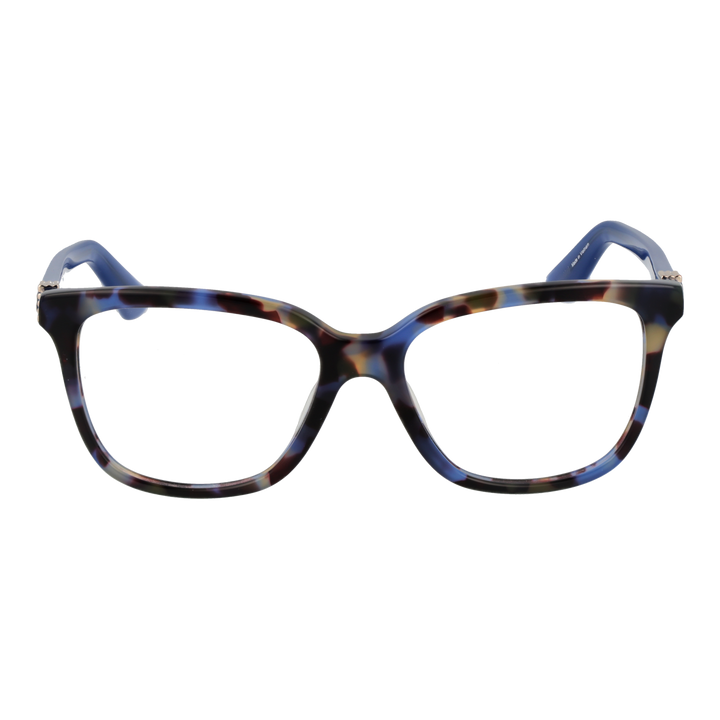 Blue and tortoise patterned square eyeglasses with solid blue temples and metal logo detail