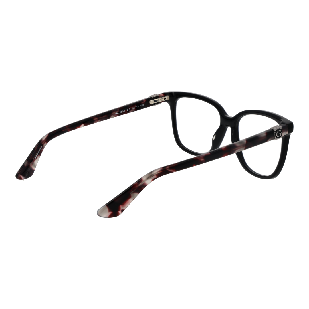 Black rectangular eyeglasses with tortoiseshell patterned arms and metal logo on temples for Women