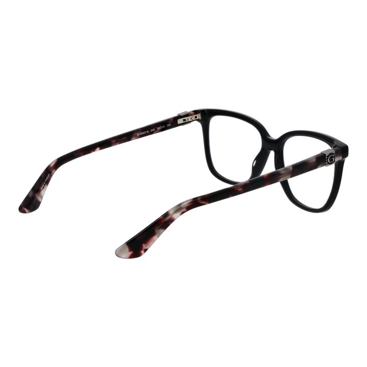 Black rectangular eyeglasses with tortoiseshell patterned arms and metal logo on temples for Women