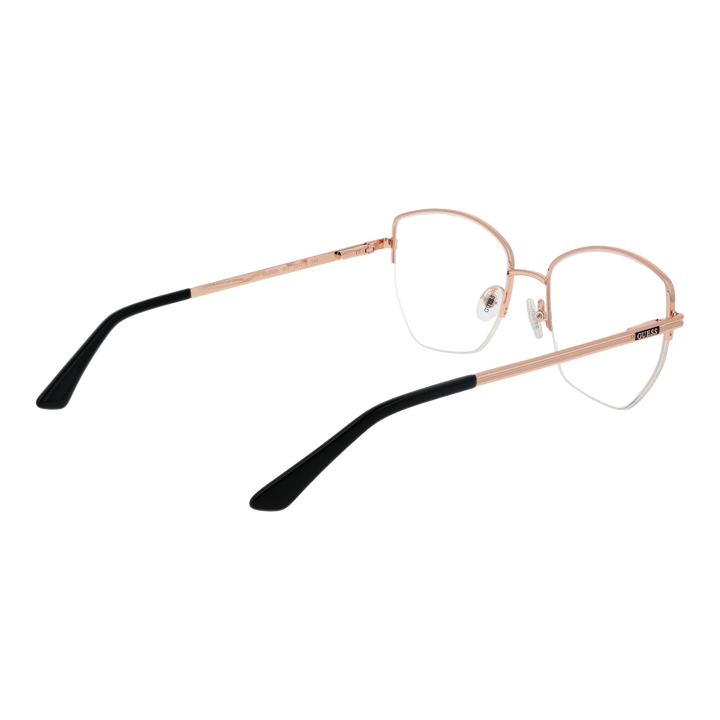 Rose gold thin metal rectangular eyeglasses with black plastic temple tips on white background, modern minimalist design