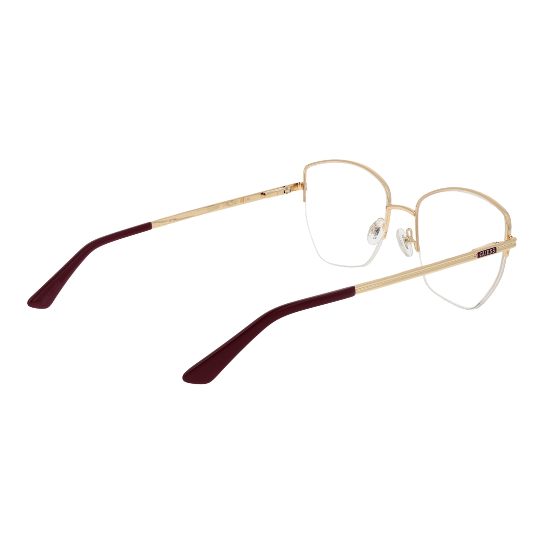Gold thin metal rectangular eyeglasses with adjustable nose pads and burgundy temple accents for Women