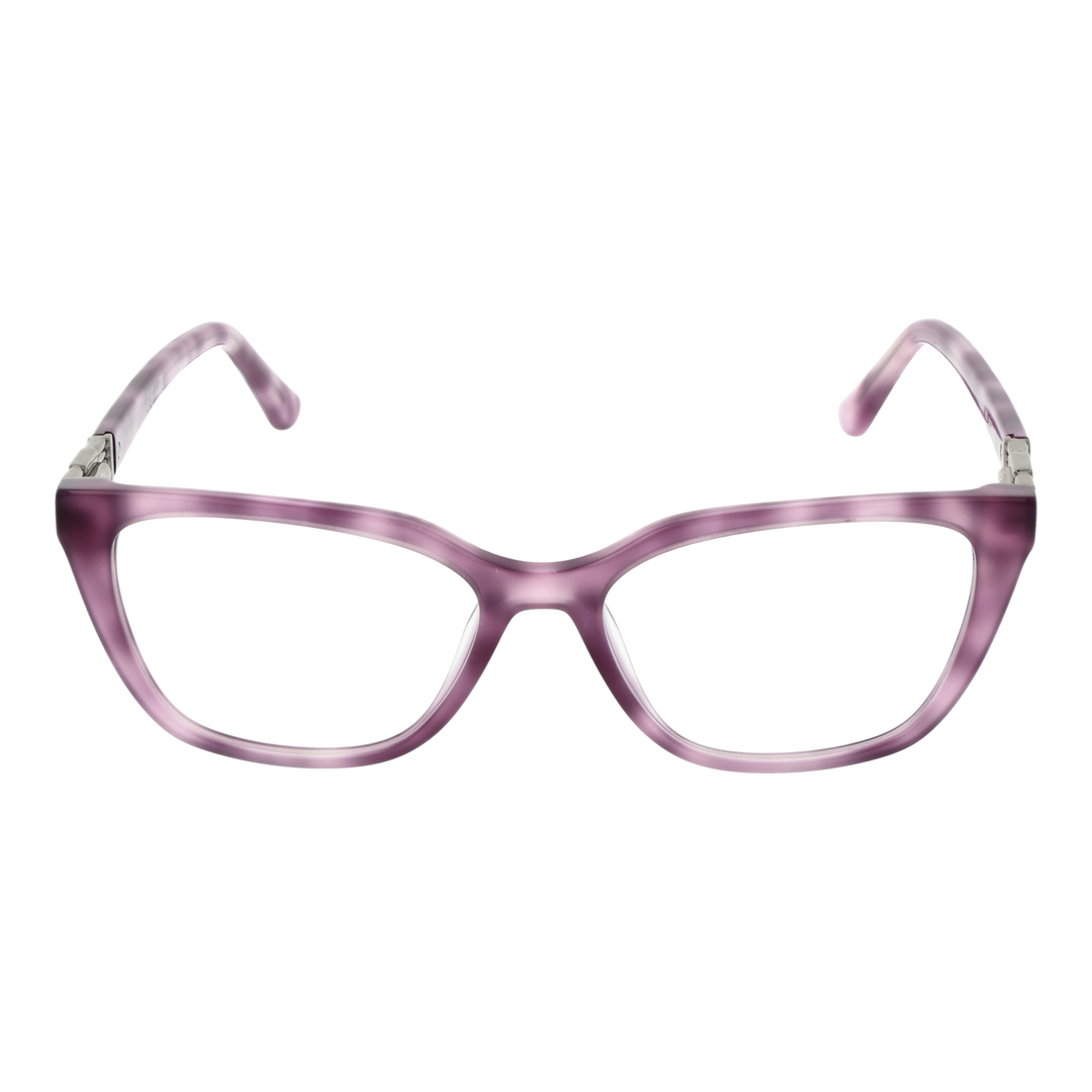 Purple rectangular eyeglasses in plastic frame with metal hinge and &