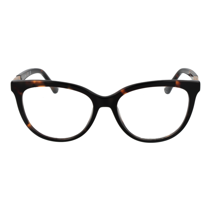 Black tortoiseshell cat-eye eyeglasses for Women with gold temple emblem, plastic frame and metal accents