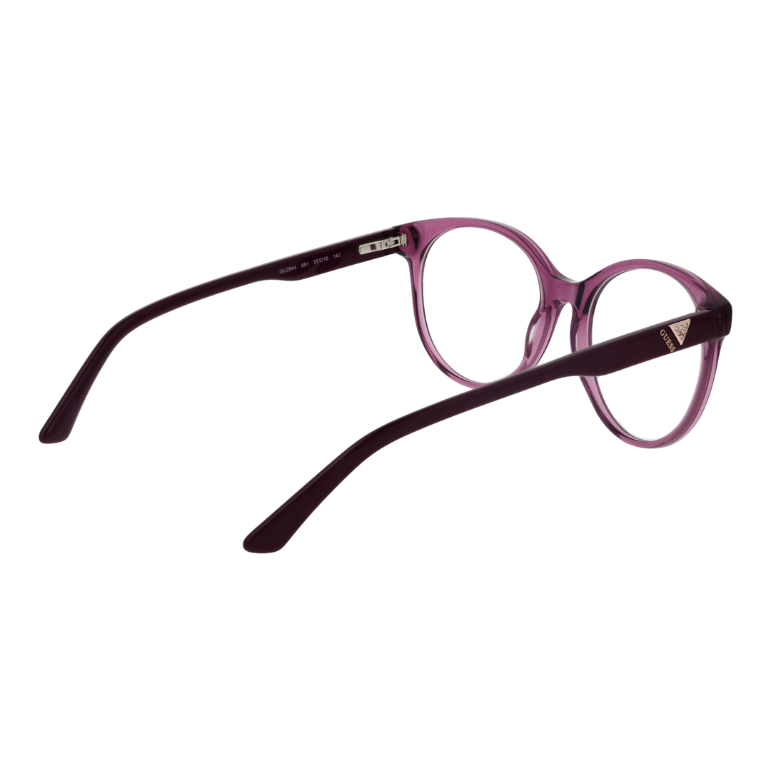 Transparent purple round eyeglasses in plastic with logo temples on clean white background