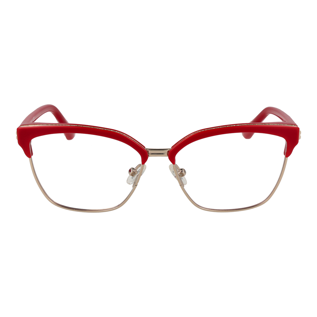 Red cat-eye eyeglasses with gold metal frame and plastic temple tips shown front-on