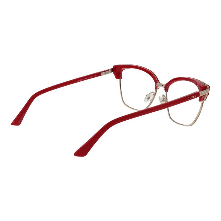 Red cat-eye eyeglasses with gold metal frame and plastic temple tips shown front-on