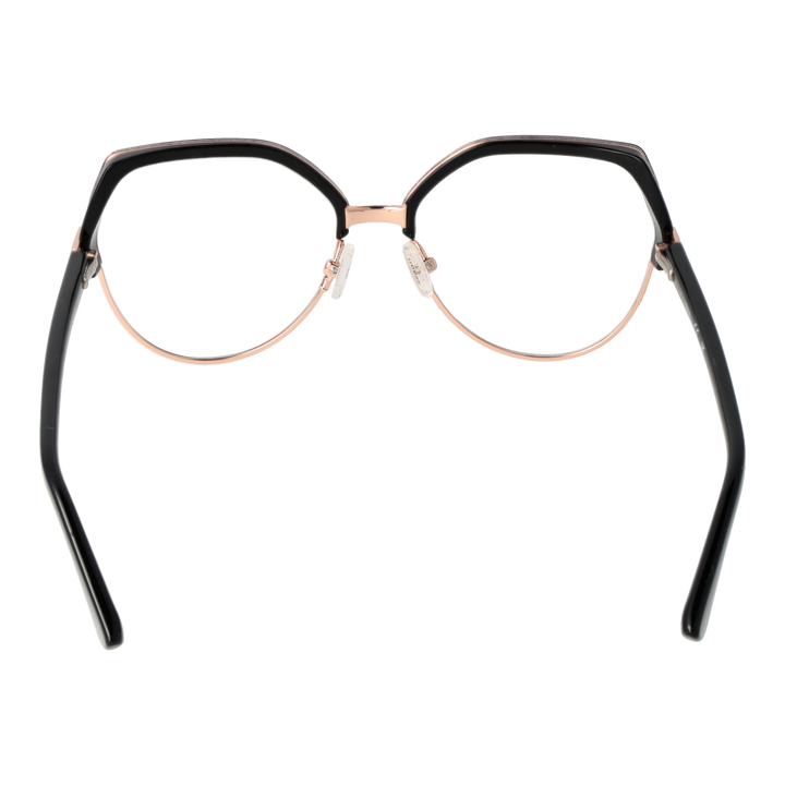 Black and rose gold geometric round eyeglasses; thin metal bridge and thick upper rim on neutral background