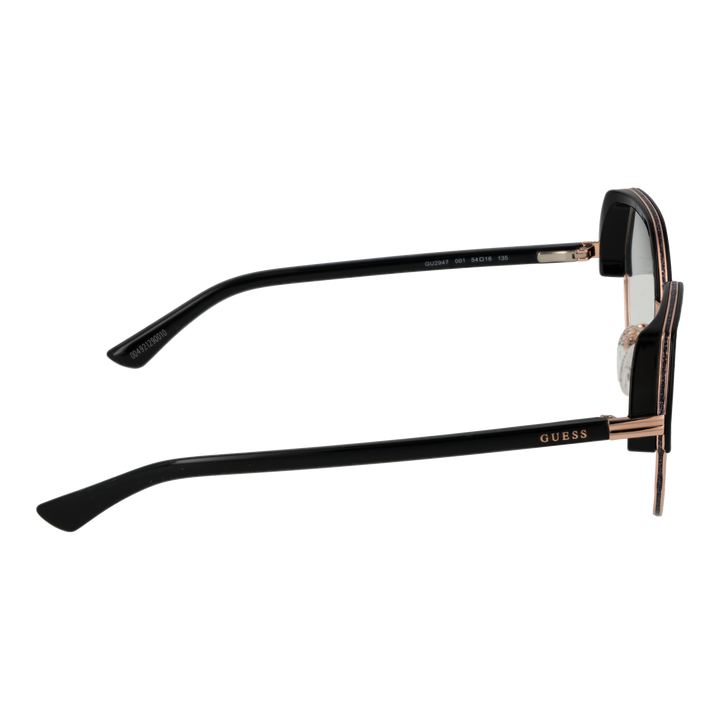 Black and rose gold geometric round eyeglasses; thin metal bridge and thick upper rim on neutral background