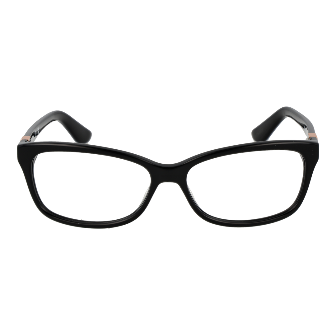 Black rectangular full-rim eyeglasses for Women with rose-gold temple accents, modern streamlined silhouette