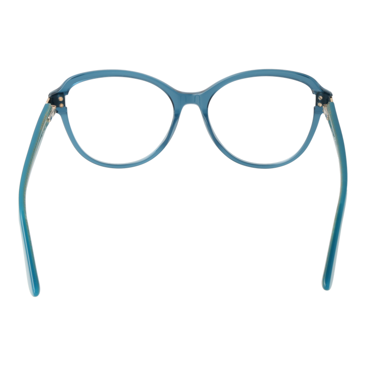 Blue round plastic eyeglasses for Women with gold hinge detail and patterned inner arms