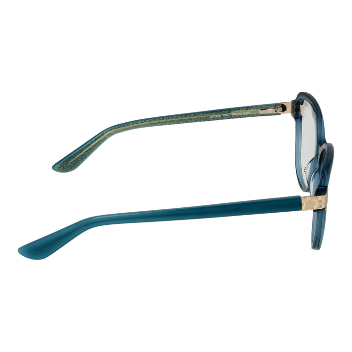 Blue round plastic eyeglasses for Women with gold hinge detail and patterned inner arms