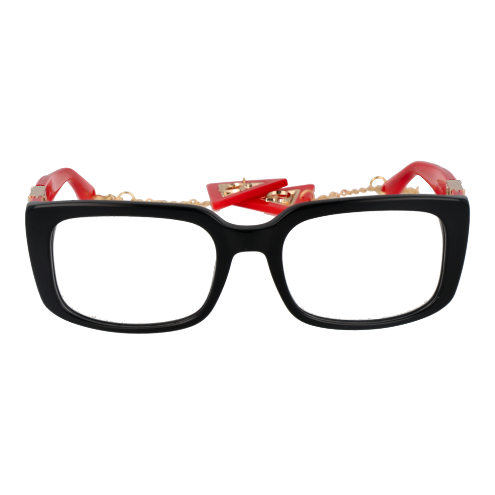 Black and red rectangular eyeglasses with gold emblem on temples and attached metal chain, front three-quarter view