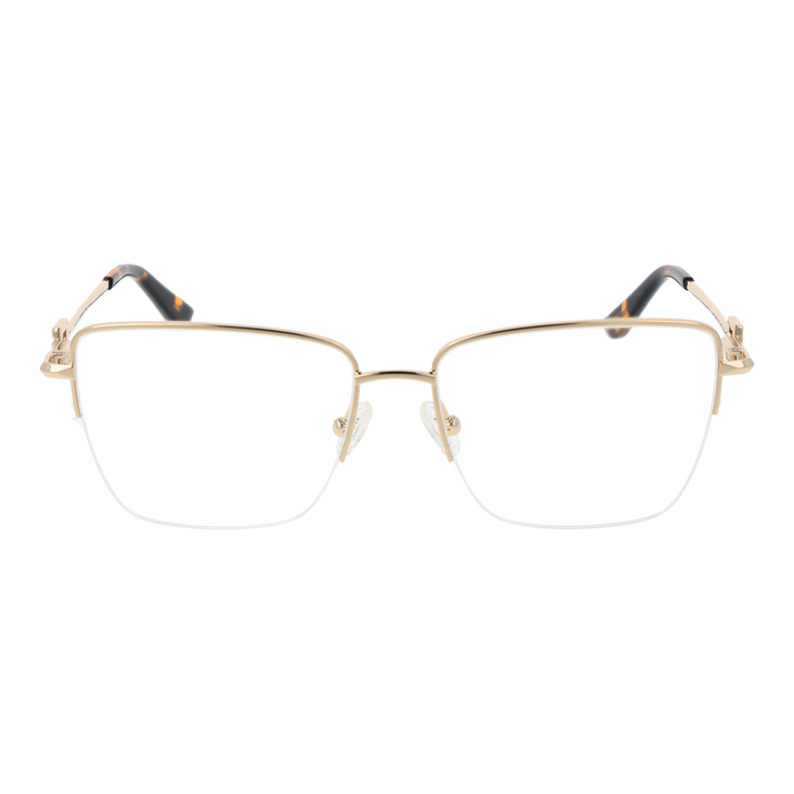 Gold semi-rimless eyeglasses with tortoise accents, square lenses, adjustable nose pads, decorative G logo on temples.