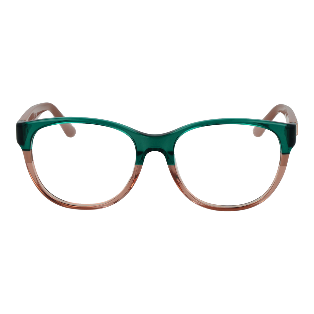 Green and brown two-tone cat-eye eyeglasses in plastic with metal logo on temples, front three-quarter view