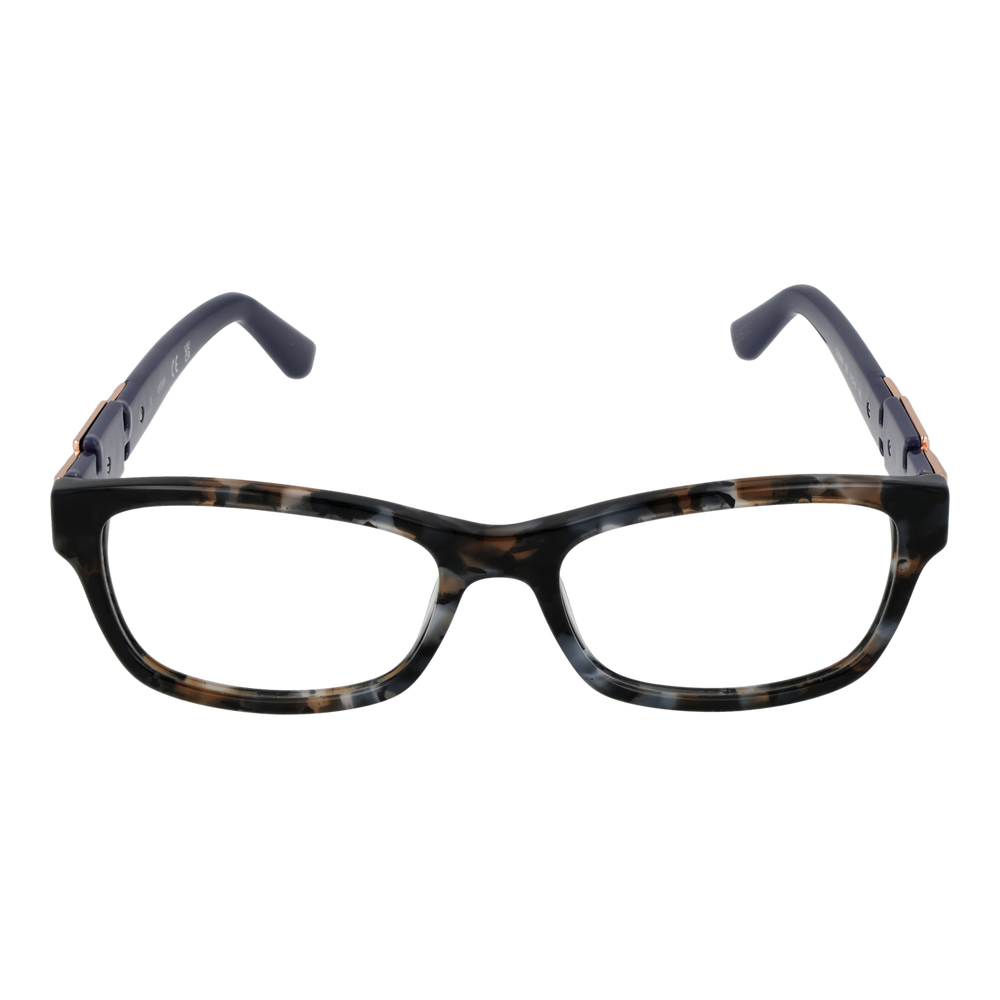 Tortoise shell rectangular eyeglasses with dark blue arms and rose-gold chain-link temple accents