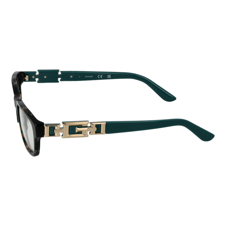 Black rectangular eyeglasses for Women with green-tinted lenses and gold logo temples, plastic full-rim frame