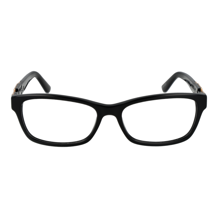 Black plastic rectangular eyeglasses for Women with gold decorative hinge detail, modern full-rim profile