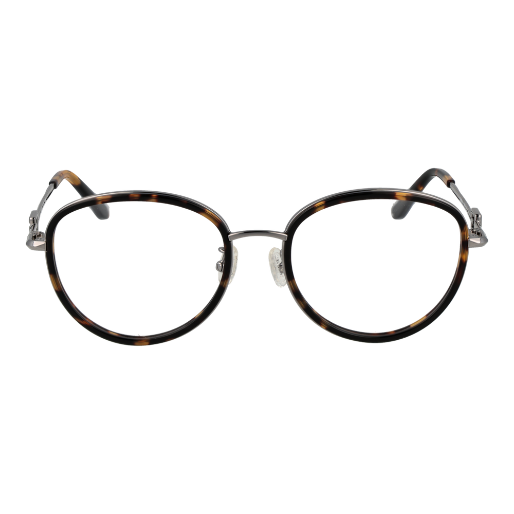 Unisex tortoise-shell round eyeglasses with silver metal temples and decorative temple logo, front three-quarter view