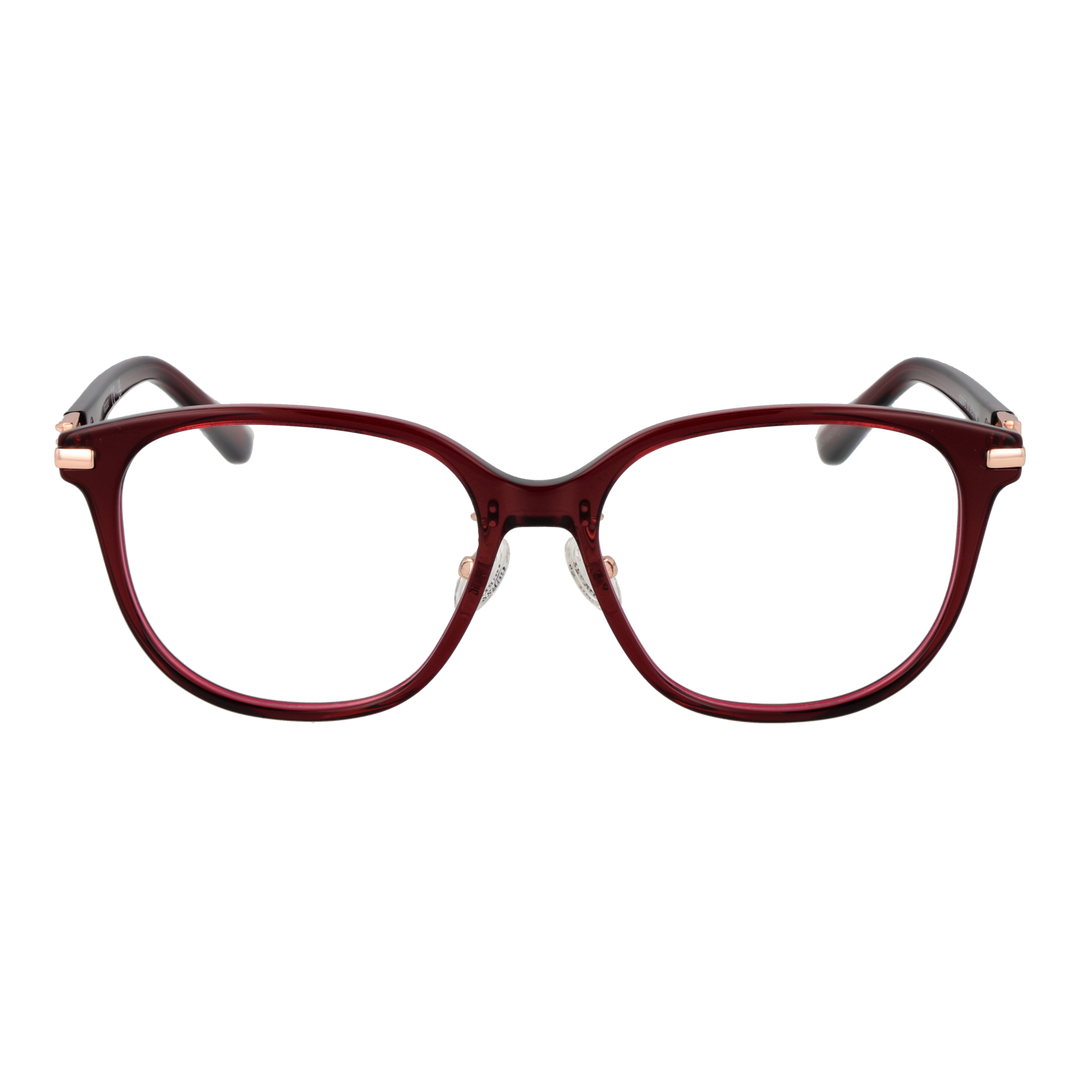 Dark red square plastic eyeglasses for Women with clear nose pads and metallic hinge accents