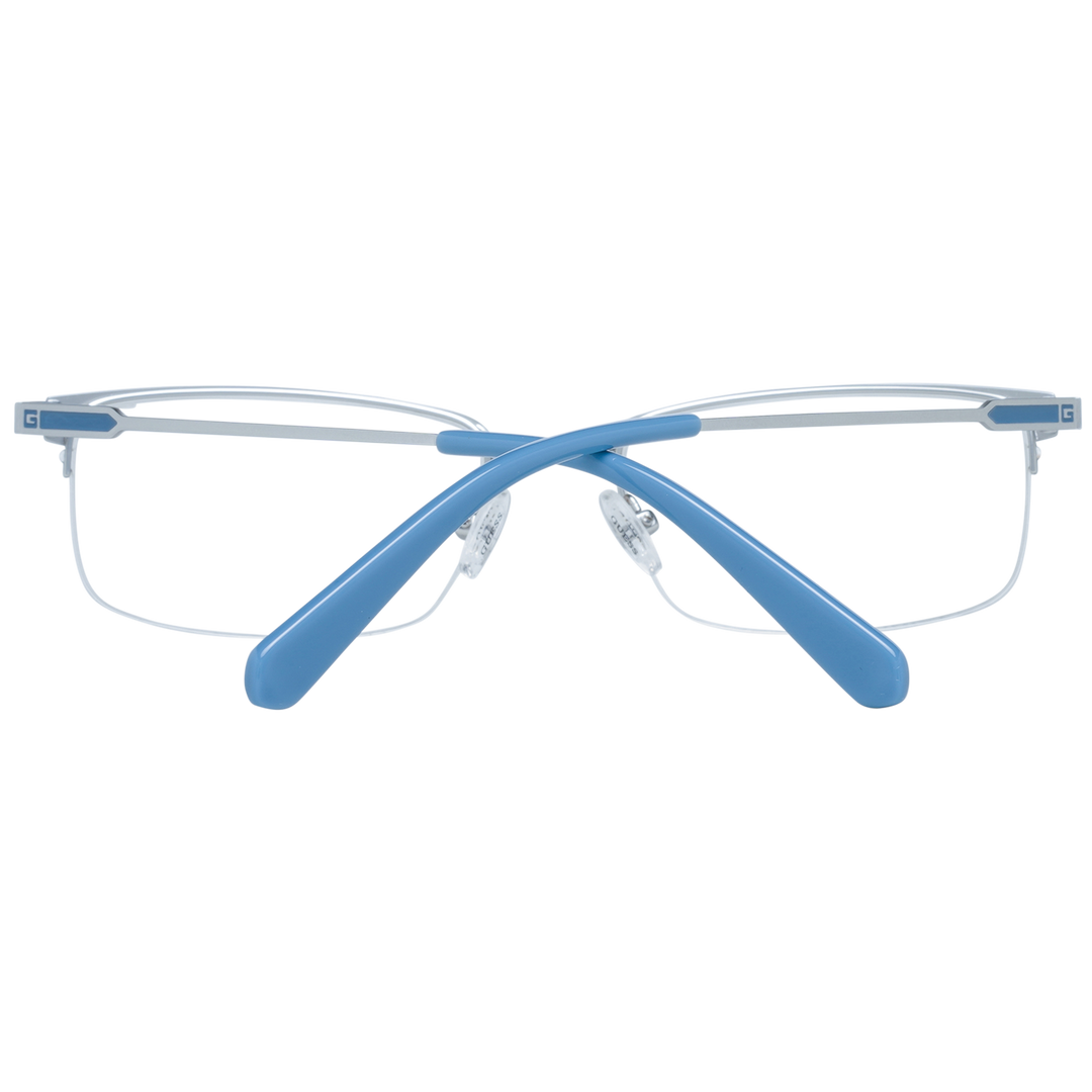 Unisex silver metal rectangular eyeglasses with thin frame and blue temple tips on white background