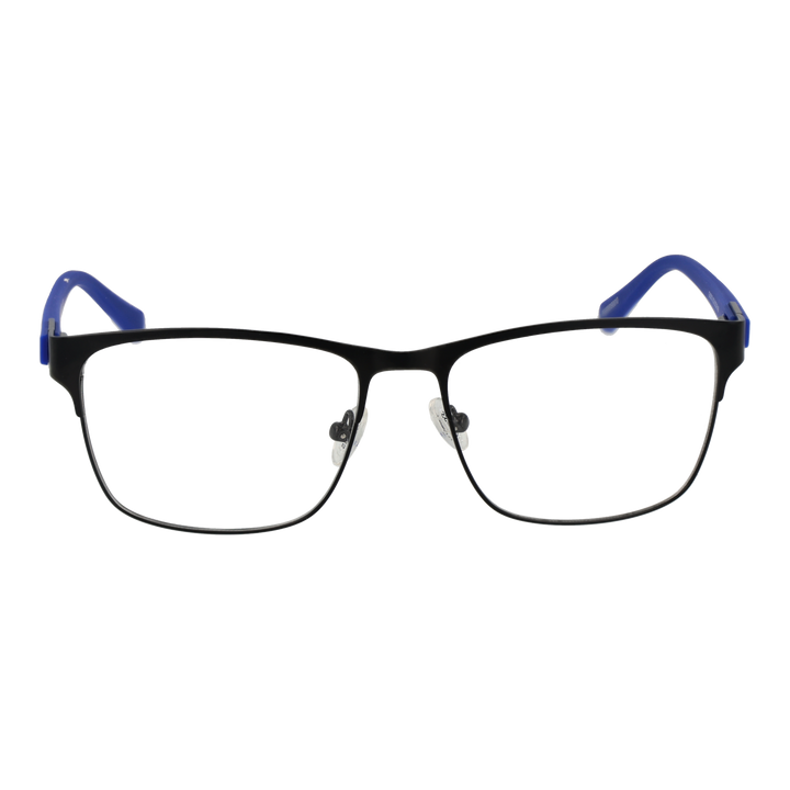 Unisex black and blue rectangular full-rim eyeglasses with thin metal frame and nose pads on white background