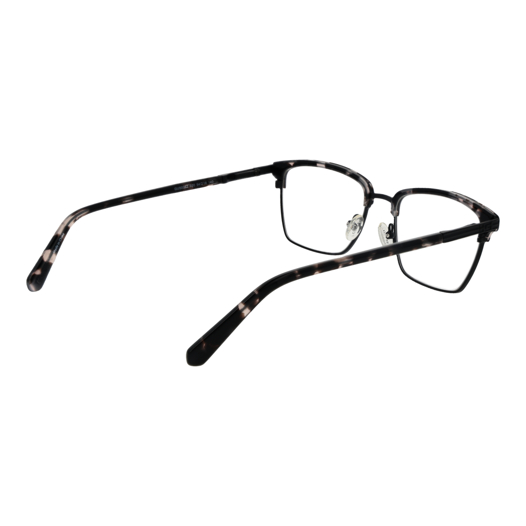 Unisex black and gray tortoiseshell rectangular eyeglasses with thin full-rim frame and patterned temples on white background