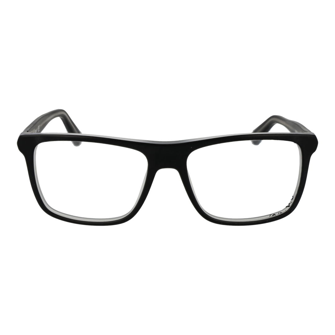 Black full-rim rectangular eyeglasses in modern plastic frame shown front-on and slightly angled