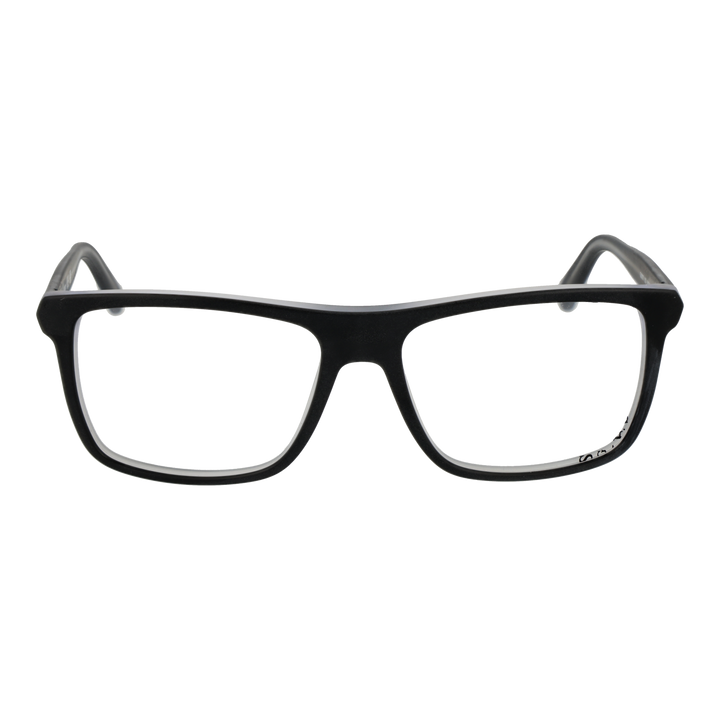 Black full-rim plastic eyeglasses with rectangular lenses, modern Unisex design on neutral background