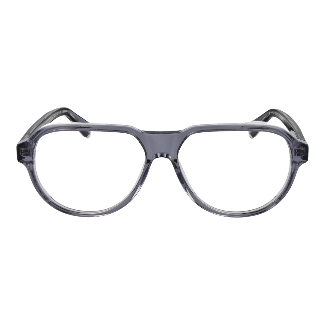 Transparent gray full-rim rectangular Unisex eyeglasses in plastic shown front and three-quarter view