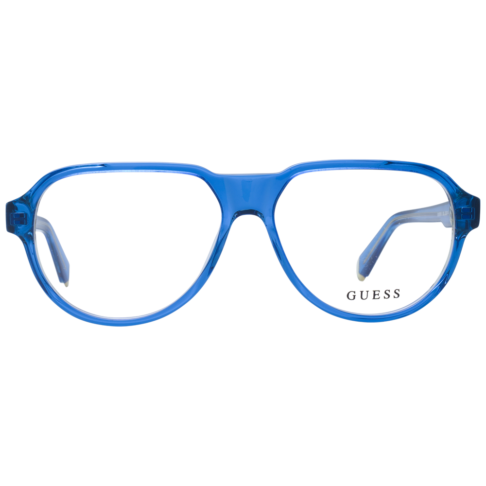 Unisex transparent blue plastic rectangular eyeglasses with logo on lens and temple, modern minimal design