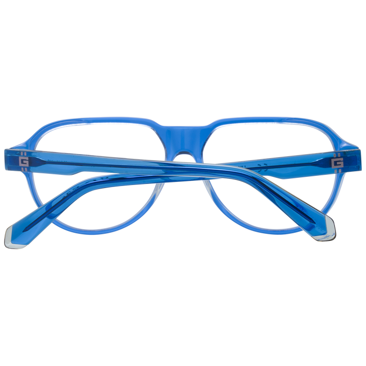 Unisex transparent blue plastic rectangular eyeglasses with logo on lens and temple, modern minimal design