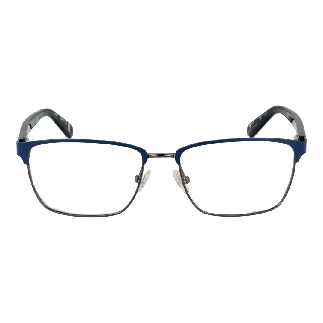 Unisex blue and black semi-rimless eyeglasses with rectangular lenses, silver bridge, patterned temple tips