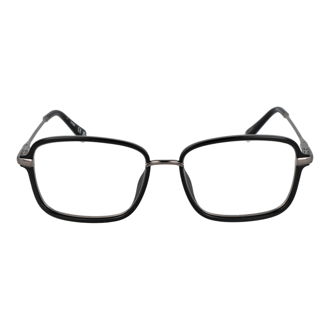 Unisex black and metallic gray rectangular eyeglasses with thin metal temples and plastic temple tips