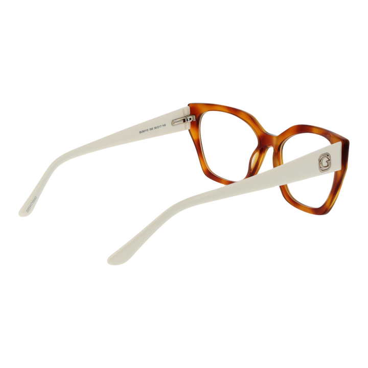 Brown and beige retro cat-eye eyeglasses in plastic with transparent lenses and logo temples on neutral background