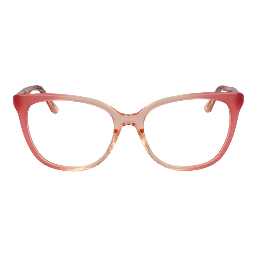Pink gradient cat-eye eyeglasses in plastic with gold decorative temple symbols, shown three-quarter view