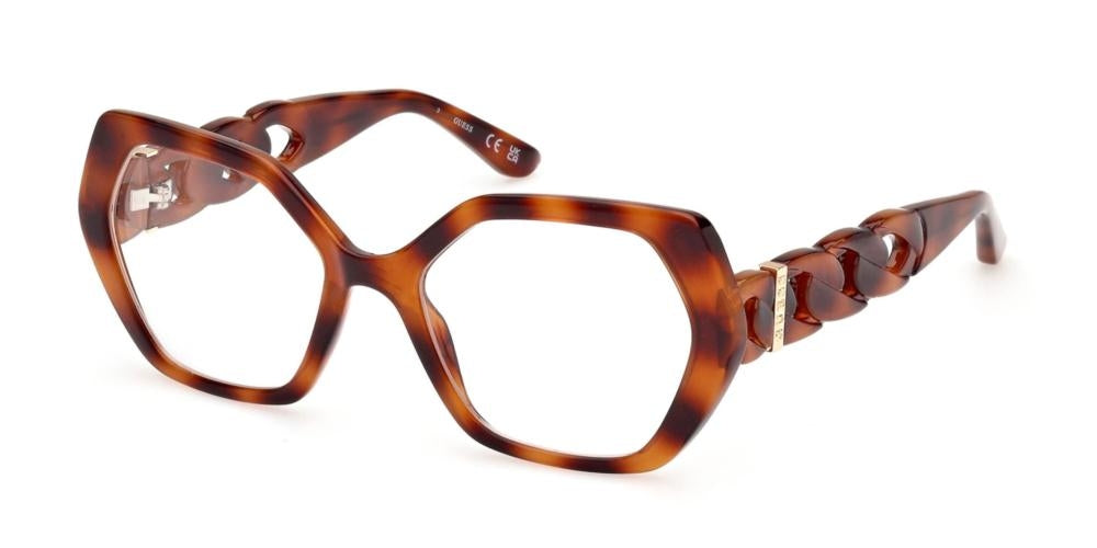 Tortoise brown hexagonal full-rim eyeglasses with chain-link gold-accent temples for Women