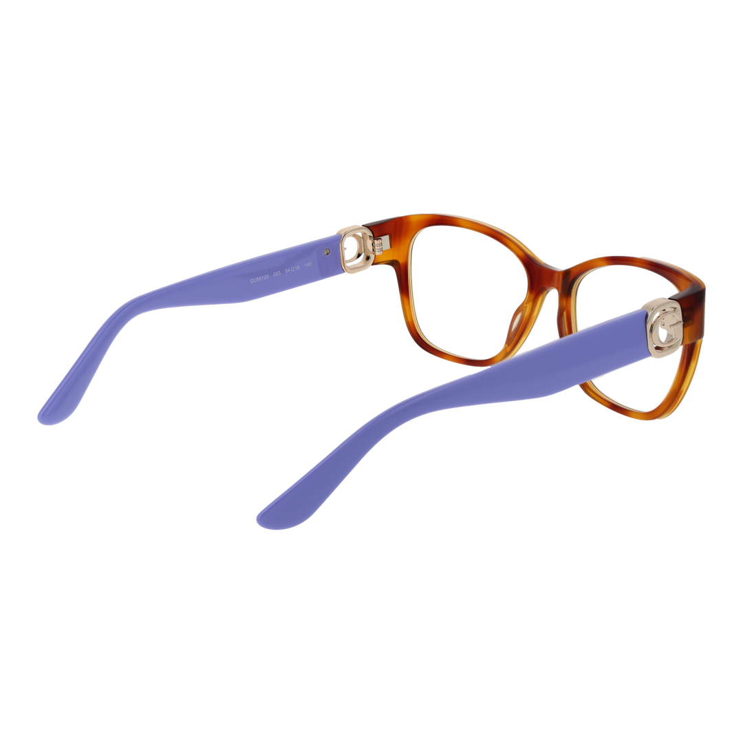 Brown rectangular full-rim eyeglasses with purple temples and gold logo on temple, modern women’s style