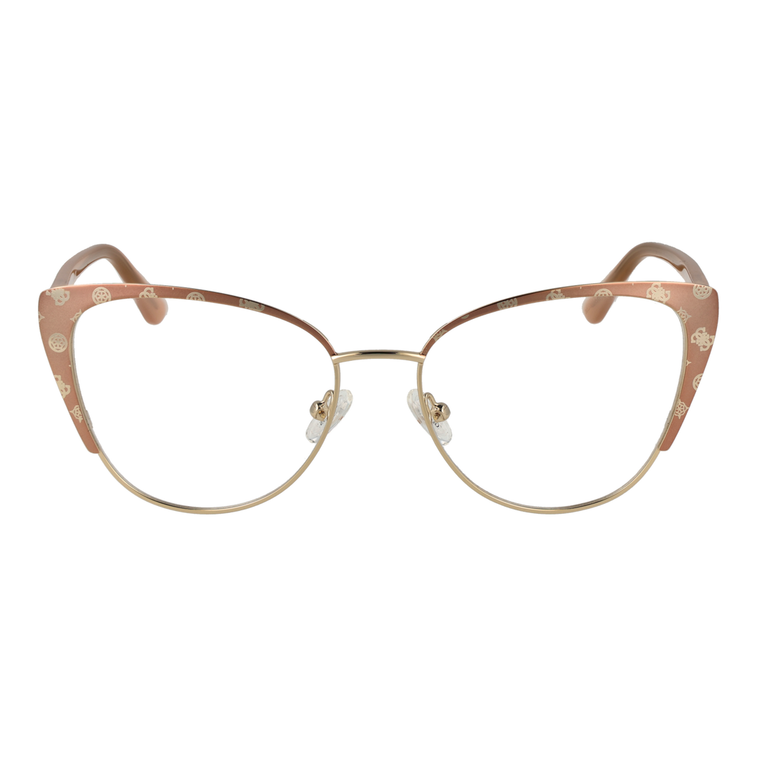 Brown patterned cat-eye eyeglasses with gold temples and clear nose pads on white background