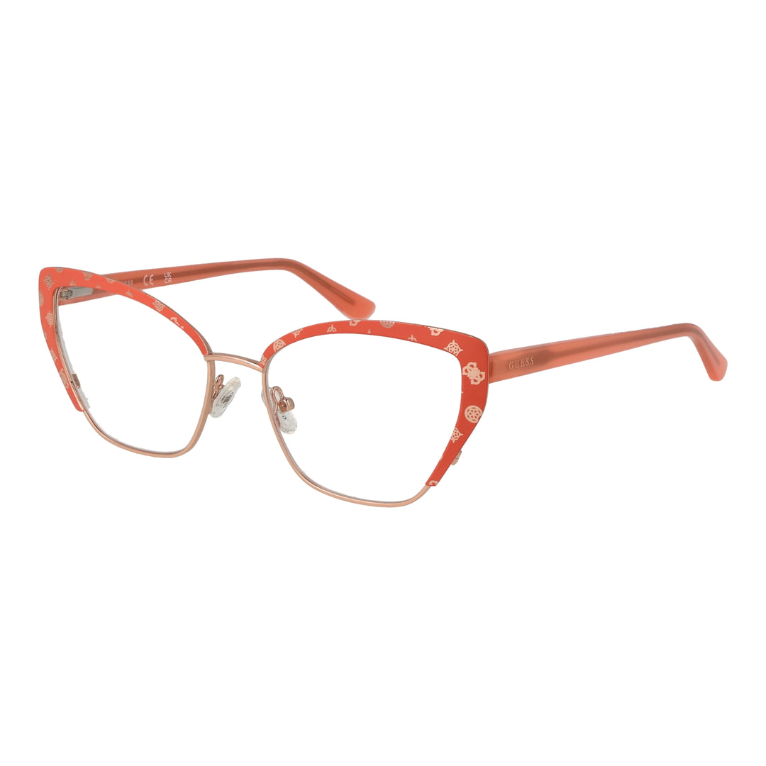 Orange and rose-gold patterned cat-eye eyeglasses in metal and plastic with adjustable nose pads