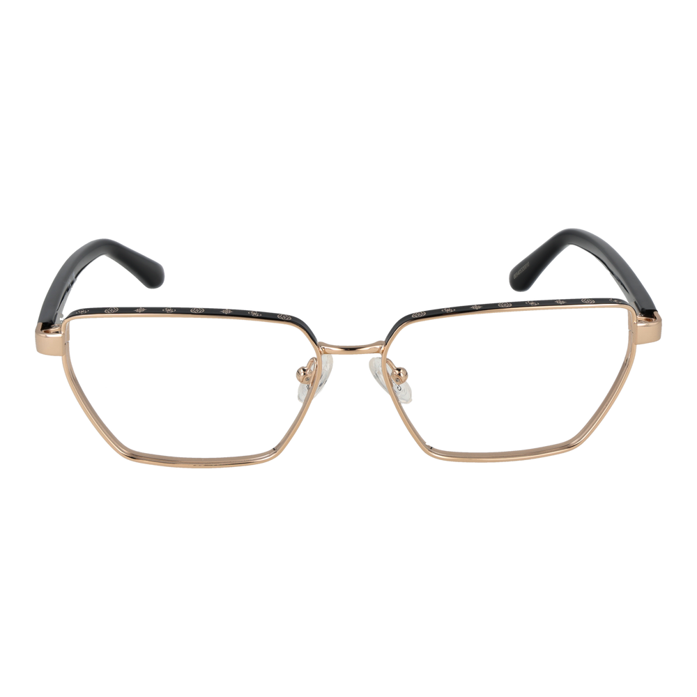 Gold metal and black rectangular eyeglasses for Women with decorative top-frame pattern and adjustable nose pads