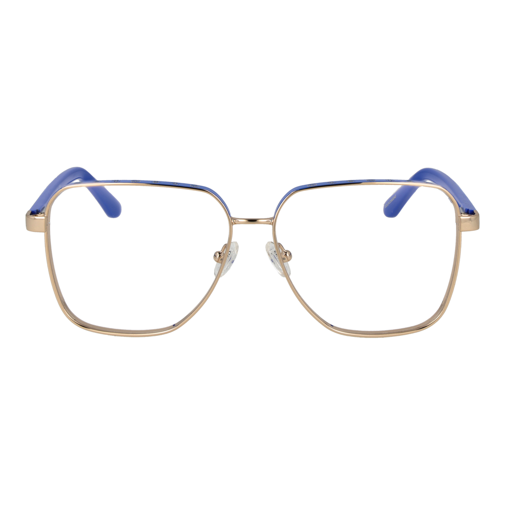 Unisex gold metal rectangular eyeglasses with blue lenses, adjustable nose pads and plastic temple tips