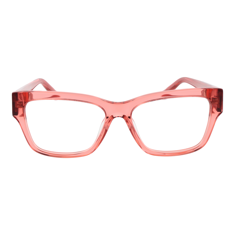 Transparent pink square eyeglasses in plastic with visible temple logo detail on a neutral background