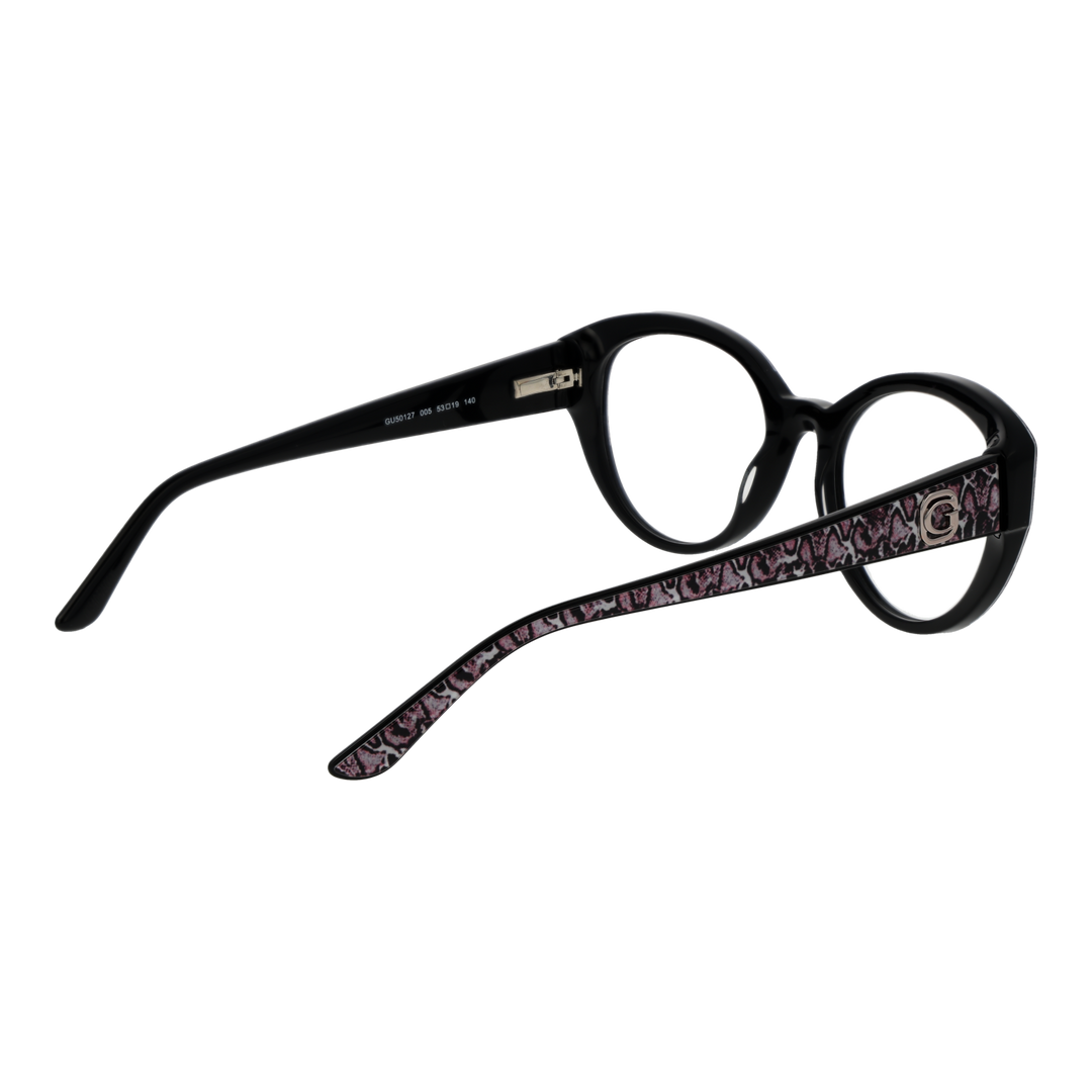 Black cat-eye eyeglasses with pink and white animal print and metallic temple logo for Women