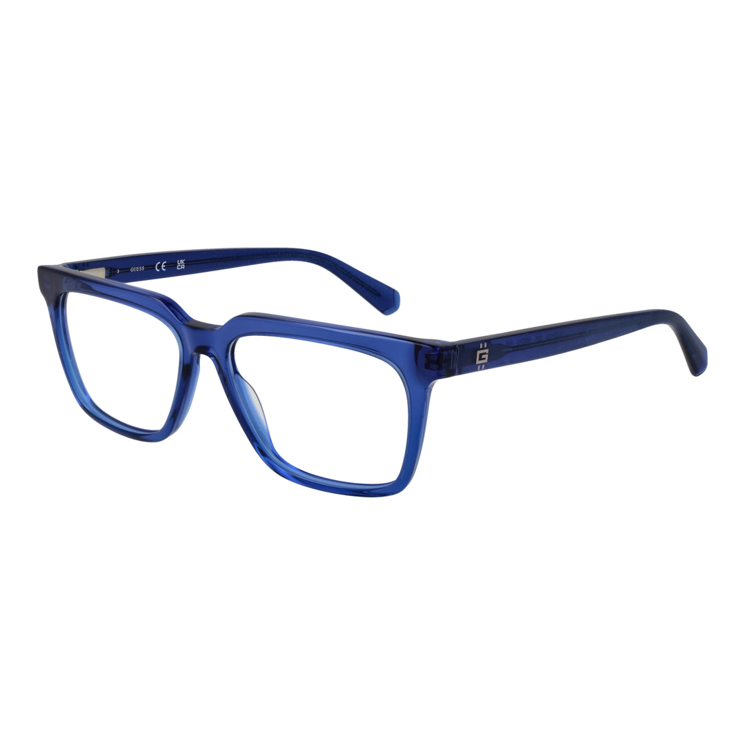 Transparent blue plastic rectangular eyeglasses with clear lenses and branded temple detail, front three-quarter view