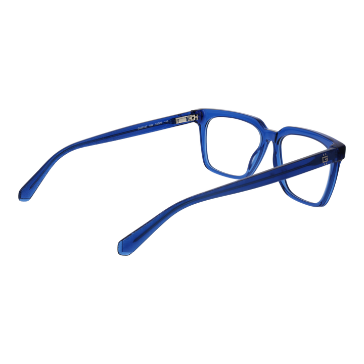 Transparent blue plastic rectangular eyeglasses with clear lenses and branded temple detail, front three-quarter view