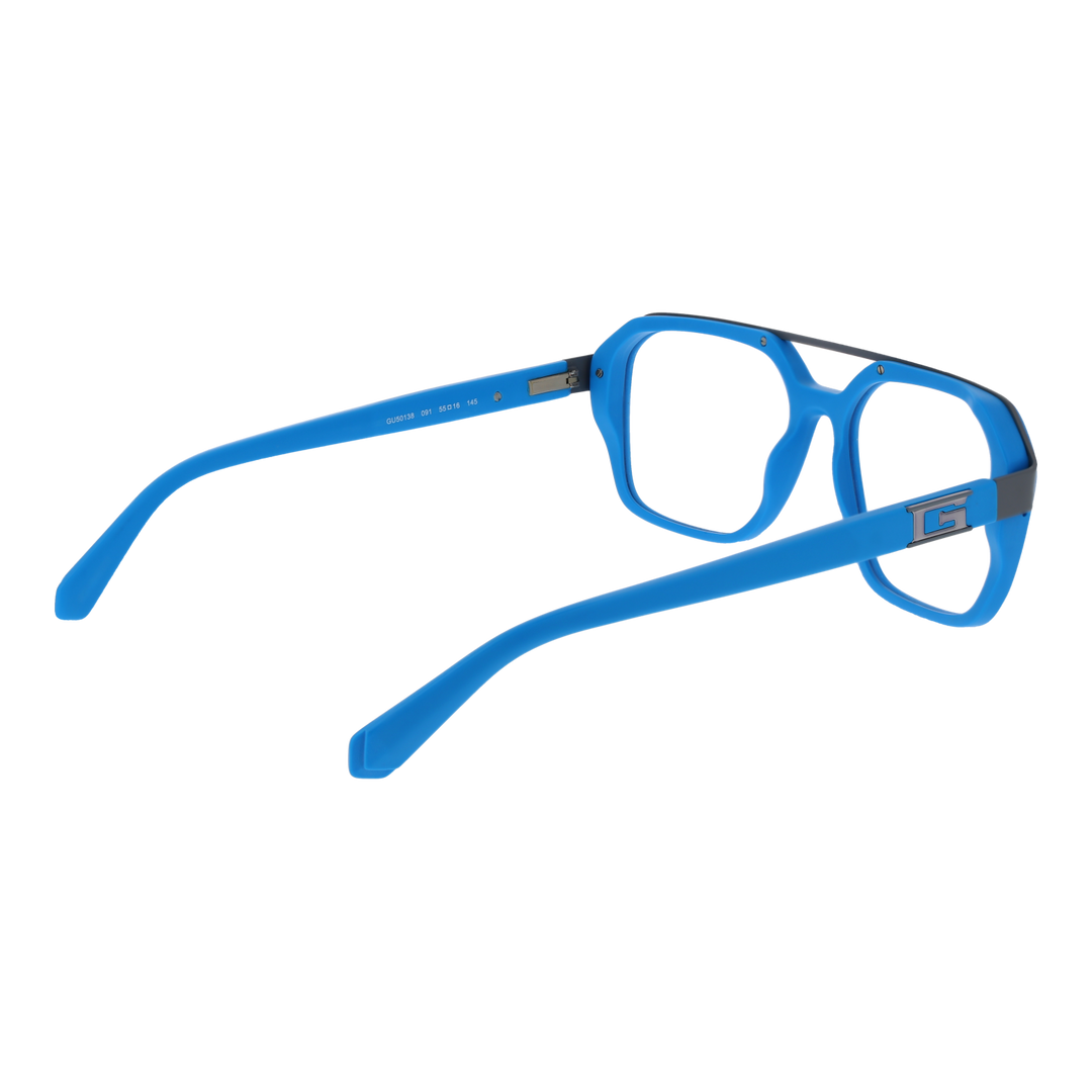 Unisex blue and black plastic square eyeglasses with double bridge and logo-detail temples on neutral background.